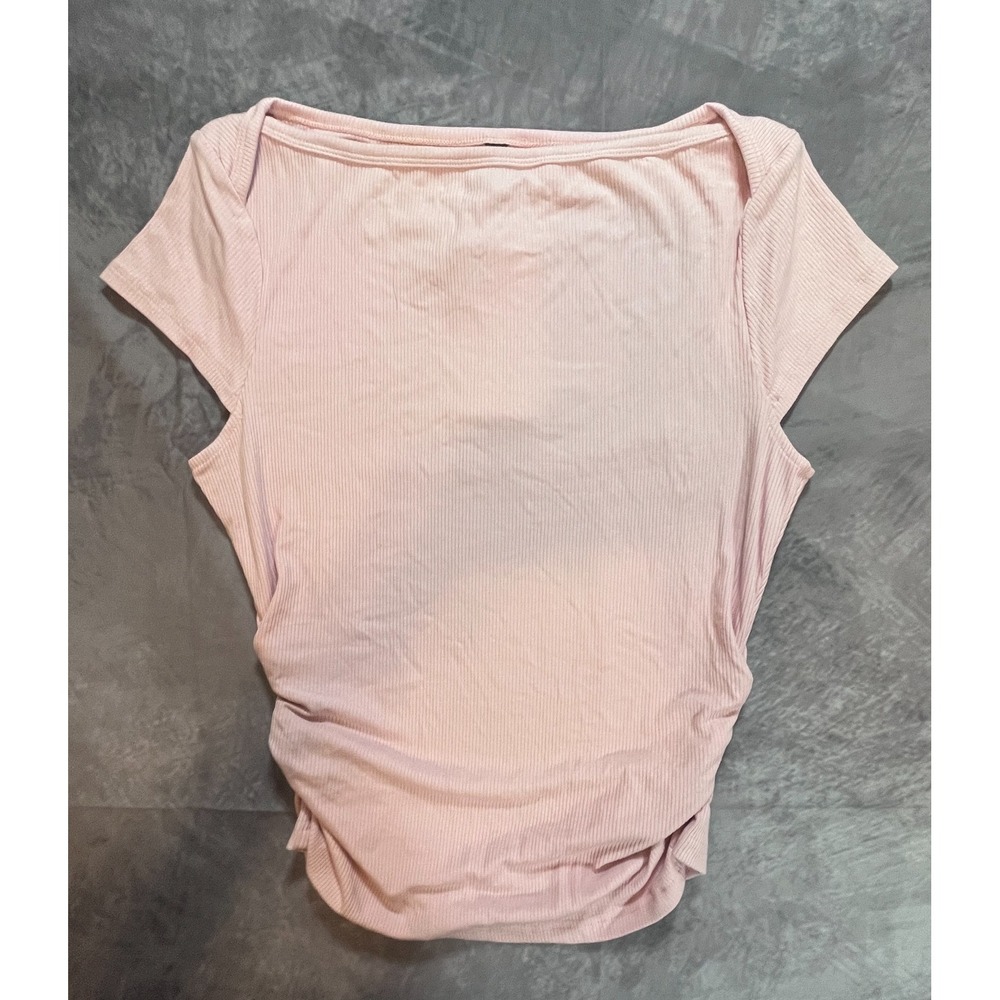 BTFBM Top Womens Small Pink Ribbed Ruched Cold Shoulder Short Sleeve Blouse